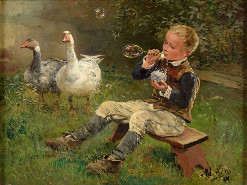 Adolf Lins . Junge mit Gänsen . 1890 . Öl /Holz . ca. 27 x 35,5 cm