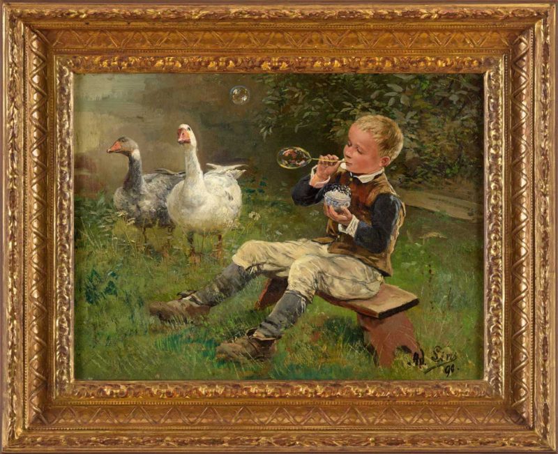 Adolf Lins . Junge mit Gänsen . 1890 . Öl /Holz . ca. 27 x 35,5 cm