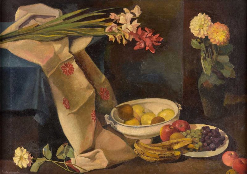 Gustav Hilbert . Früchte- /Blumenstillleben . Öl /Leinwand . 73 x 100 cm