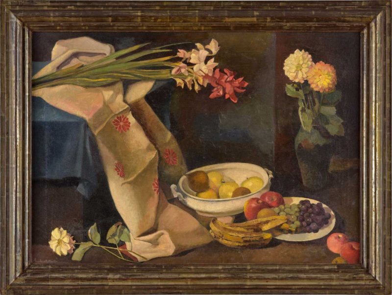 Gustav Hilbert . Früchte- /Blumenstillleben . Öl /Leinwand . 73 x 100 cm