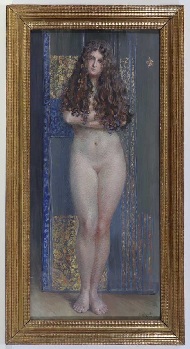 Josef Engelhart . Weiblicher Akt . 1919 . Aquarell /Papier auf Karton . 87,8 x 39,3 cm