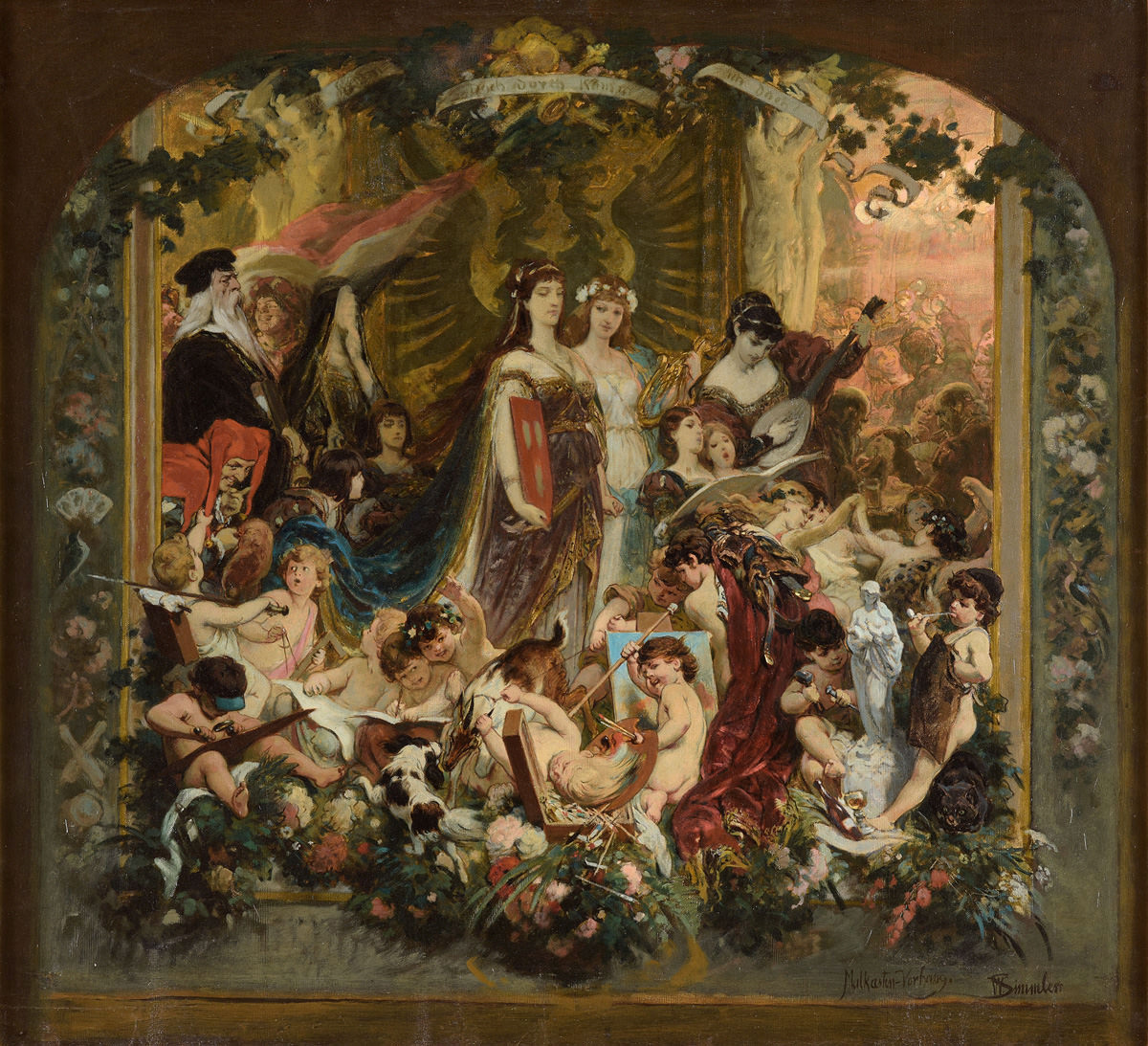 Wilhelm Simmler . Malkasten-Vorhang . Öl /Leinwand . 77 x 84 cm