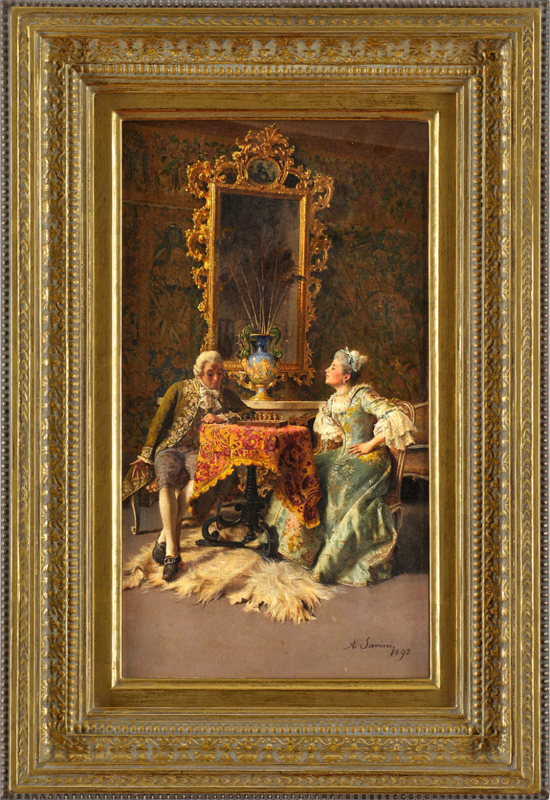 Alfonso Savini . Schach dem König . 1893 . Öl /Leinwand . 25 x 19,5 cm