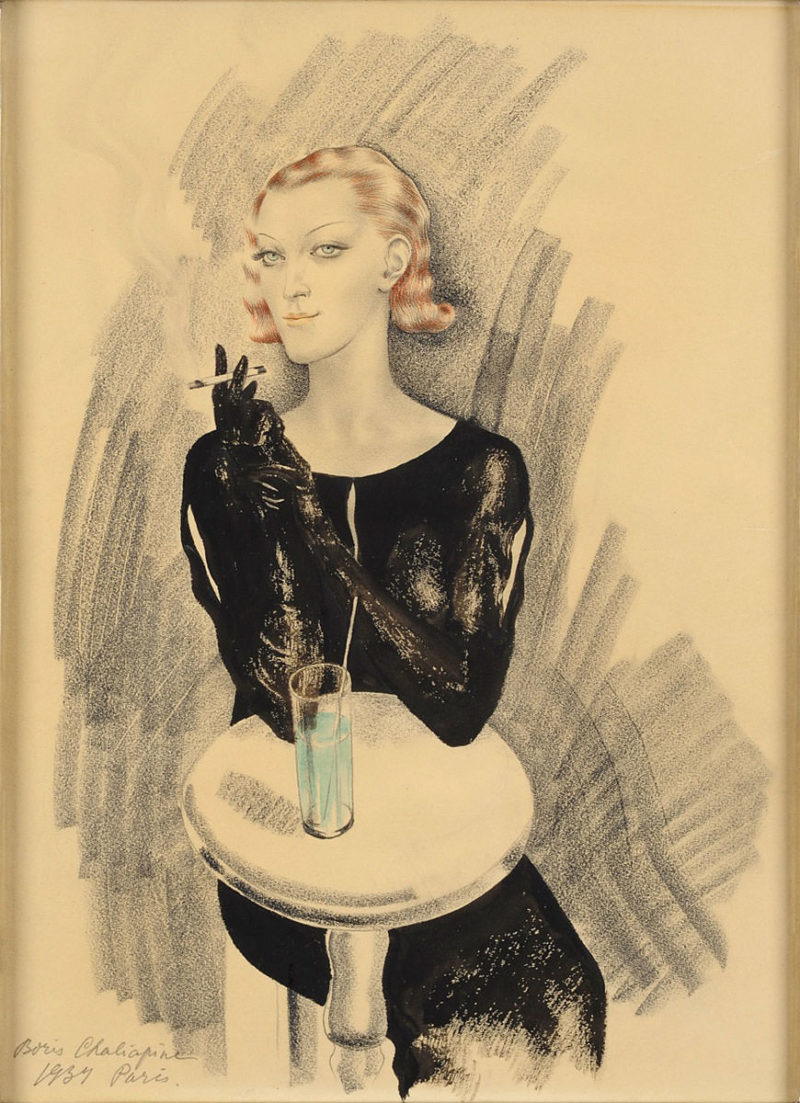 Boris Chaliapin(e) . Die geheimnisvolle Dame . 1934 . Mischtechnik (Bleistift, Graphit, Tusche und Aquarell) . 40,5 x 29 cm