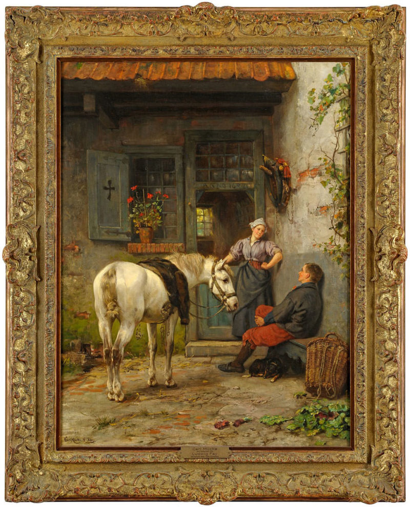 Carl Emil Mücke und Ludwig Benno Fay . Plauderei vor dem Bauernhof . Öl /Leinwand . 72 x 56 cm