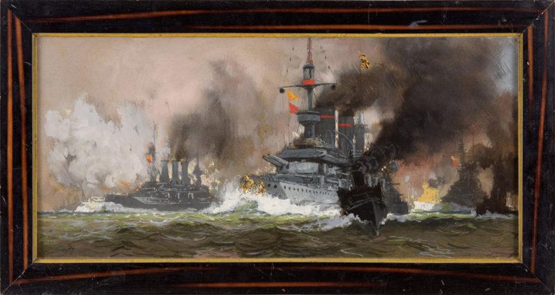Hans Bohrdt . Linienschiff Barbarossa, gefolgt von S.M.L. Kaiser Wilhelm II., Linienchiff Branschweig . 35 x 74 cm