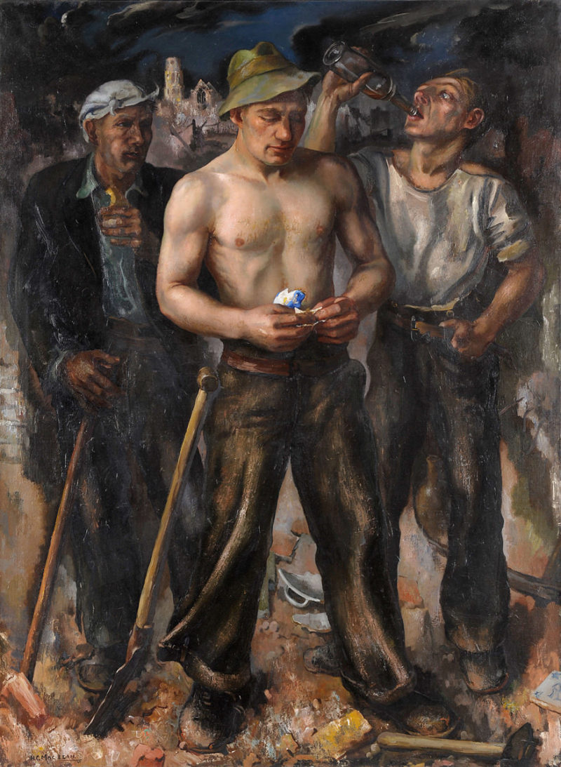 Heinrich Carl Macleane . Drei Arbeiter (im Hintergrund Blick auf das zerstörte Rotterdam) . 1941 . Öl /Leinwand . 151 x 110 cm