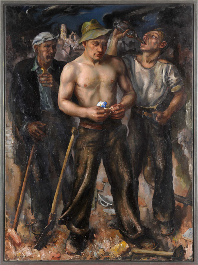 Heinrich Carl Macleane . Drei Arbeiter (im Hintergrund Blick auf das zerstörte Rotterdam) . 1941 . Öl /Leinwand . 151 x 110 cm