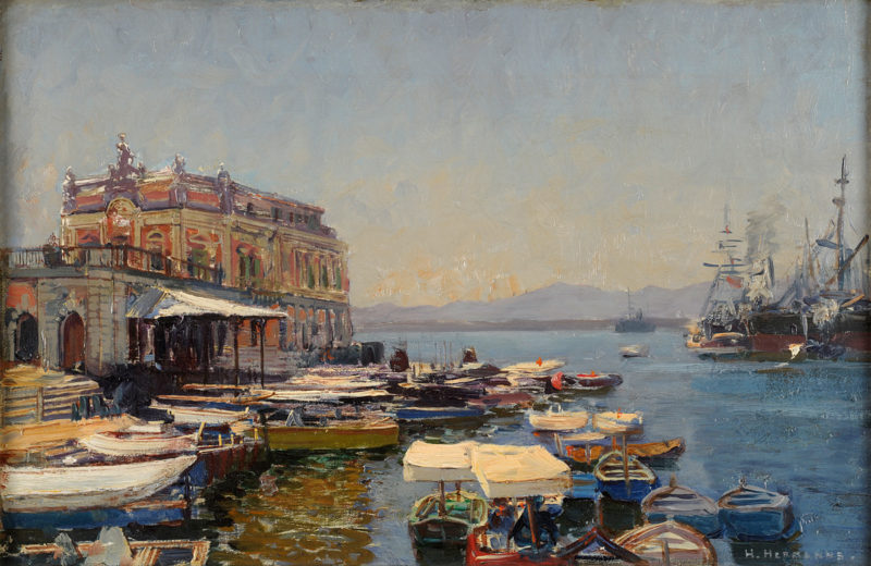 Heinrich Hermanns . Bucht bei Neapel mit Palast der Königin Johanna . Öl /Leinwand . 31 x 47 cm