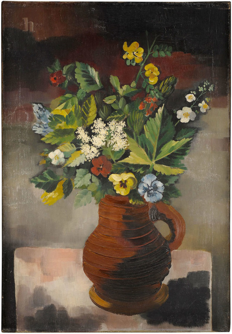 Heinrich Hoerle . Blumenstrauß im Tonkrug . 1929 . Öl /Leinwand . 71 x 50 cm