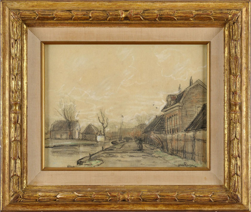 Kees van Dongen . Dorfstrasse im Vorfrühling (Studie) . 1893 . Schwarze und farbige Kreide, partiell weiß gehöht, auf grau-grünem Papier . 24 x 31,5 cm
