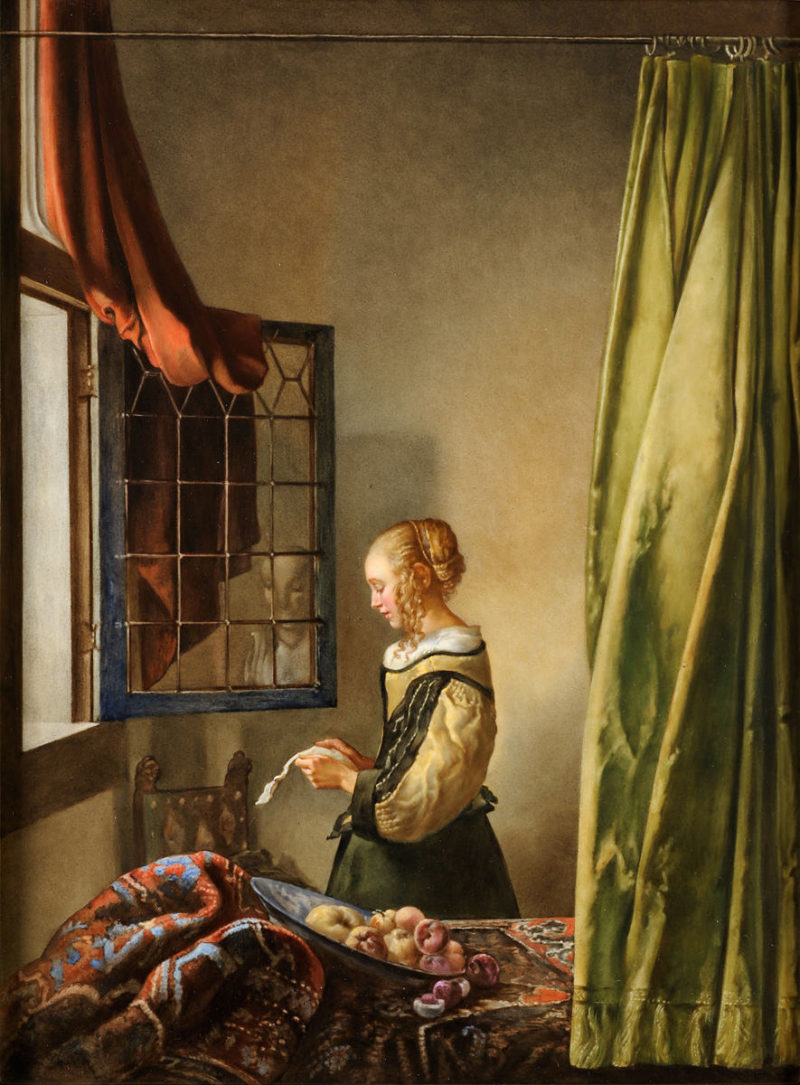 KPM . große KPM-Bildplatte . Briefleserin am offenen Fenster . nach Jan Vermeer . 41 x 31 cm