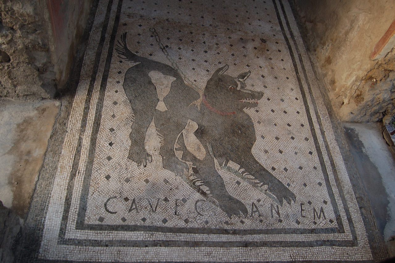 Cave Canem. Mosaik. Pompeji. vor 79 v.Chr. .By Eufrosine - Fotografía original, CC BY-SA 4.0, https://commons.wikimedia.org/w/index.php?curid=10002769