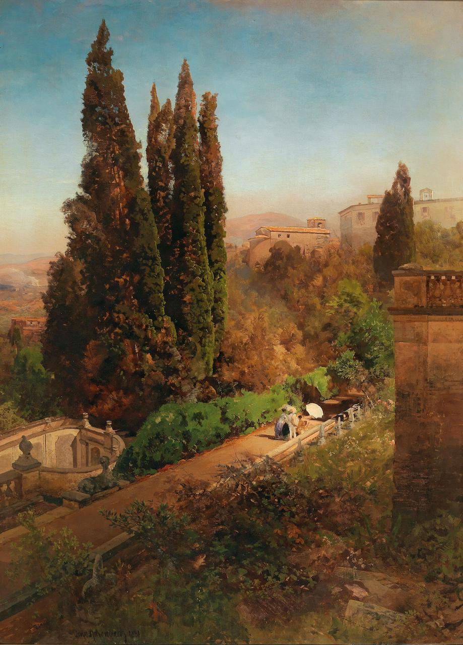 Oswald Achenbach. Blick auf den Garten der Villa d'Este in Tivoli. 1881. Öl / Leinwand. 110 x 81cm