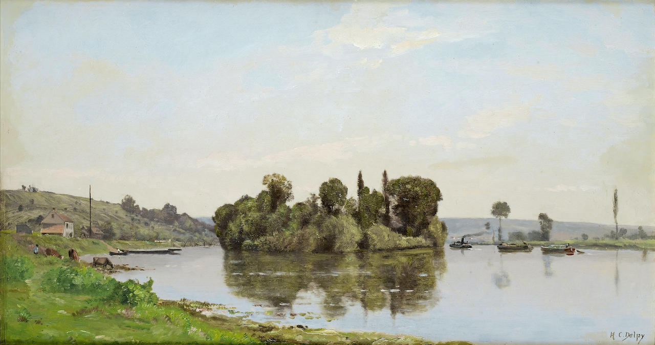 Hippolyte Camille Delpy. Flusslandschaft. vor 1910. Öl / Holz. 38 x 70cm