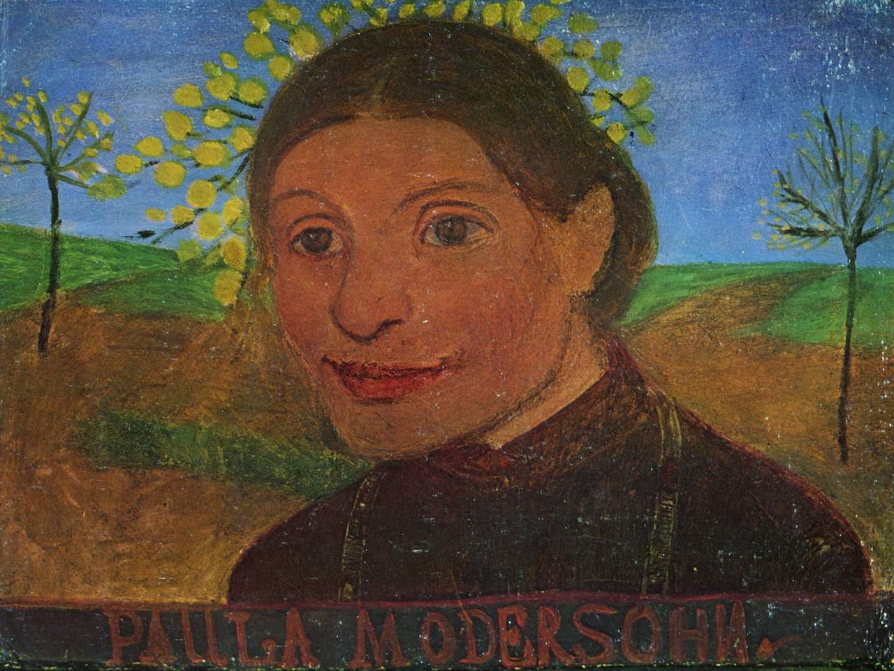 Paula Modersohn-lecker. Selbstportrait vor blühenden Bäumen. um 1902. Öl / Cardbard. 33 x 45cm