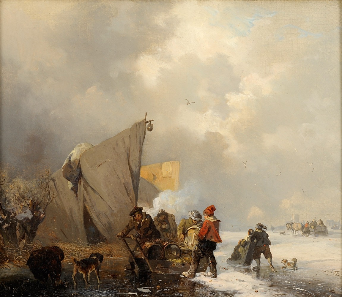 Carl Hilgers. Winterliche Flusslandschaft mit regem Treiben. 1878. Öl / Leinwand. 36 x 43cm