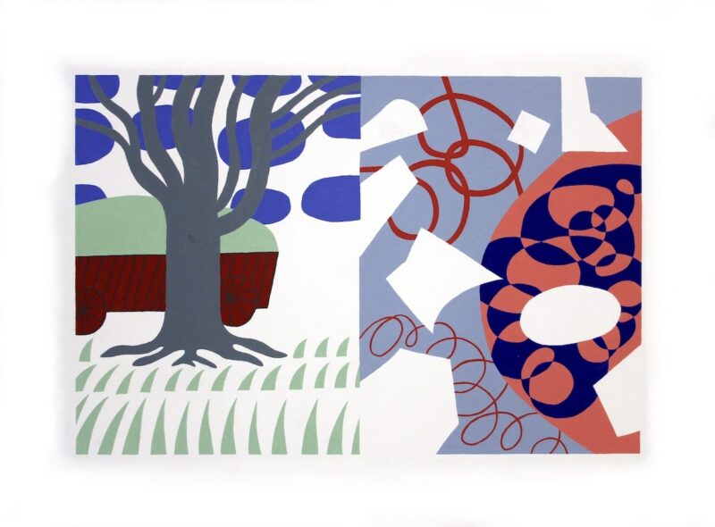 Otte Mark. Komposition mit Baum. 1990. Acryl auf Leinwand über Holz. 59,5 x 79,5cm
