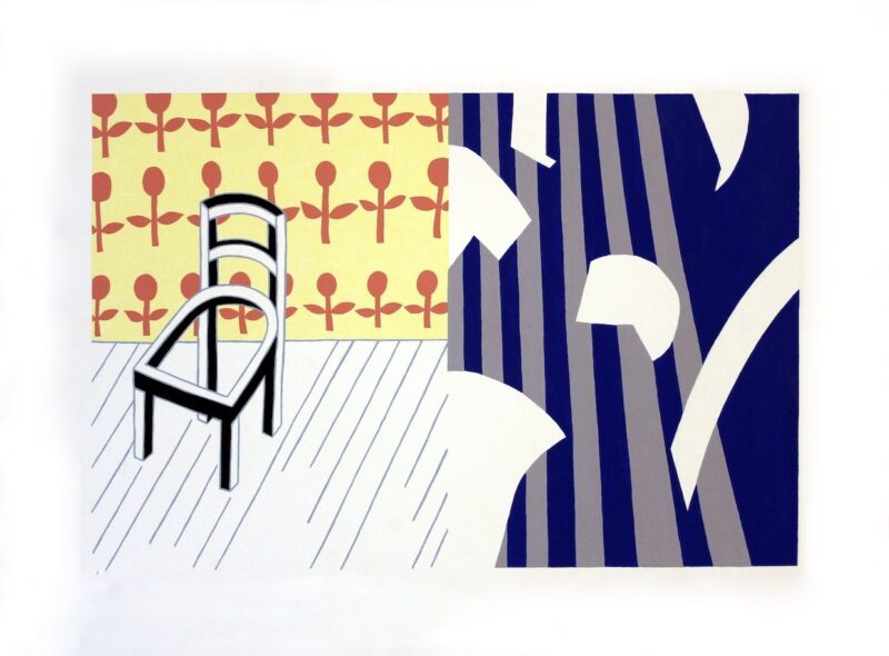 Otte Mark. Komposition mit Stuhl. 1990. Acryl auf Leinwand über Holz. 59,5 x 79,5cm