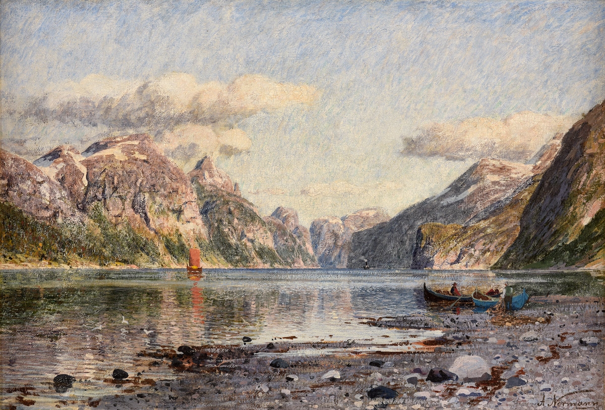 Adelsteen Normann. Sommerlicher Fjord. vor 1918. Öl / Leinwand. 48 x 74cm