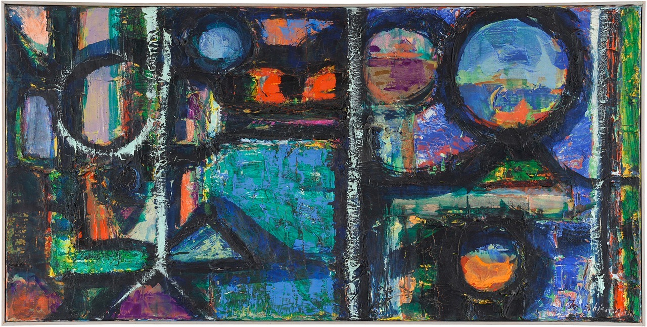 Friedrich Schiemann. Abstrakte Komposition. vor 1991. Öl/Leinwand. 50,5 x 100cm