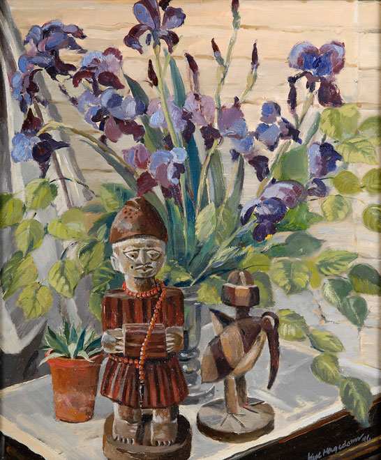 Karl Hagedorn. Blumenstillleben mit afrikanischer Figur. 1946. Öl / Holz. 62 x 51cm
