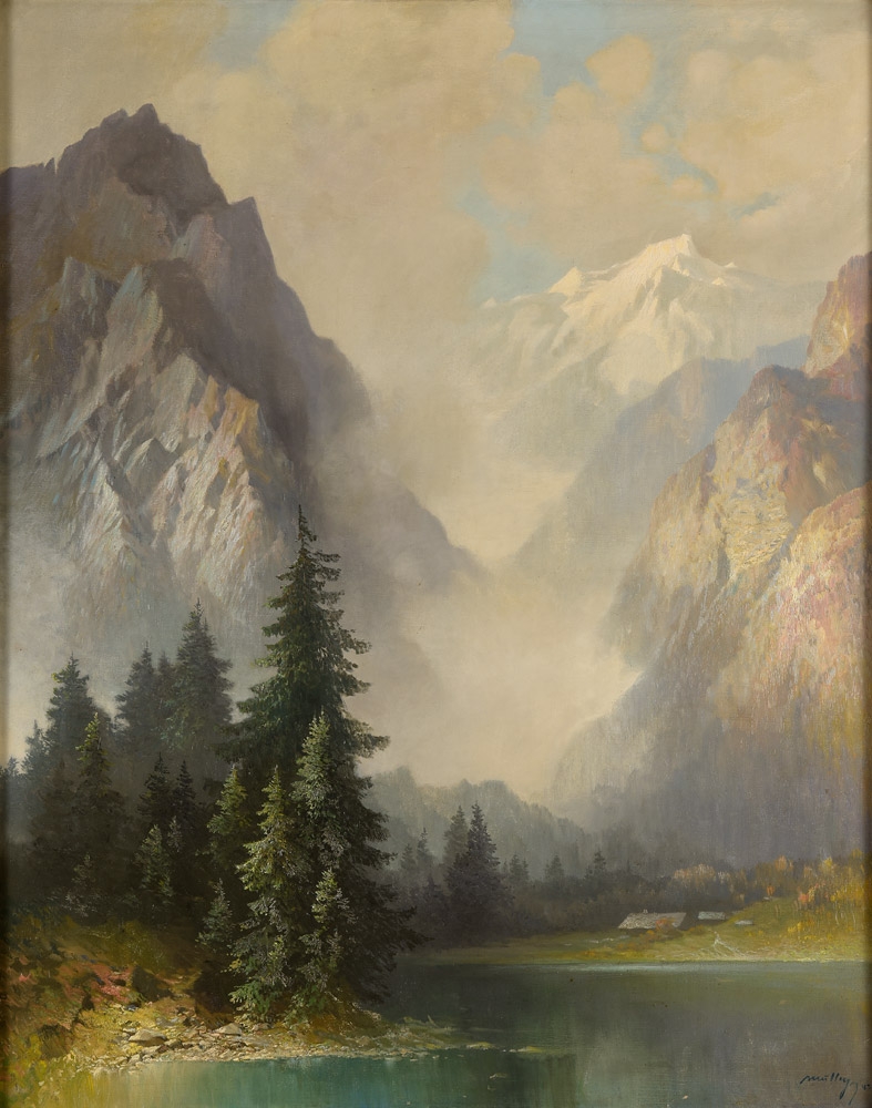 Oskar Mulley. Alpensee mit Blick auf ein Bergmassiv. vor 1943. Öl / Leinwand. 150 x 120cm