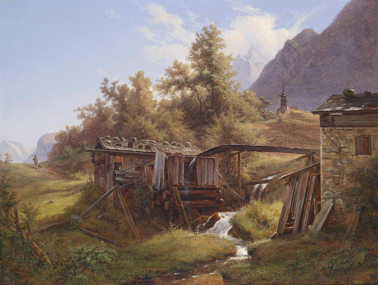 Robert Kummer. Alte Mühle im Tal von Berchtesgaden. 1840. Öl / Karton. 45,5 x 60cm