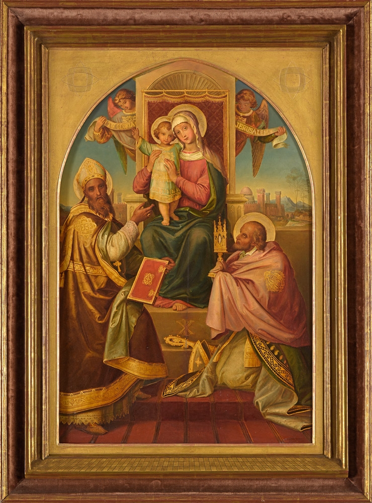 Alexander Maximilian Seitz. Thronende Madonna mit hl. Franz von Sales und Alfons. 1860. Öl / Holz. 82 x 54,5cm