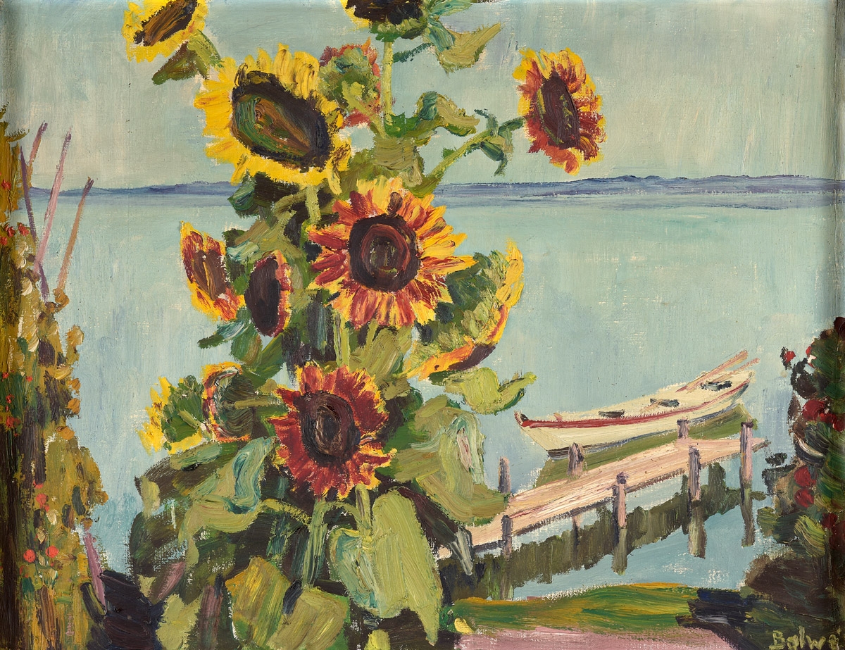 Arnold Balwé. Sonnenblumen am See. vor 1983. Öl / Leinwand. 67 x 86cm
