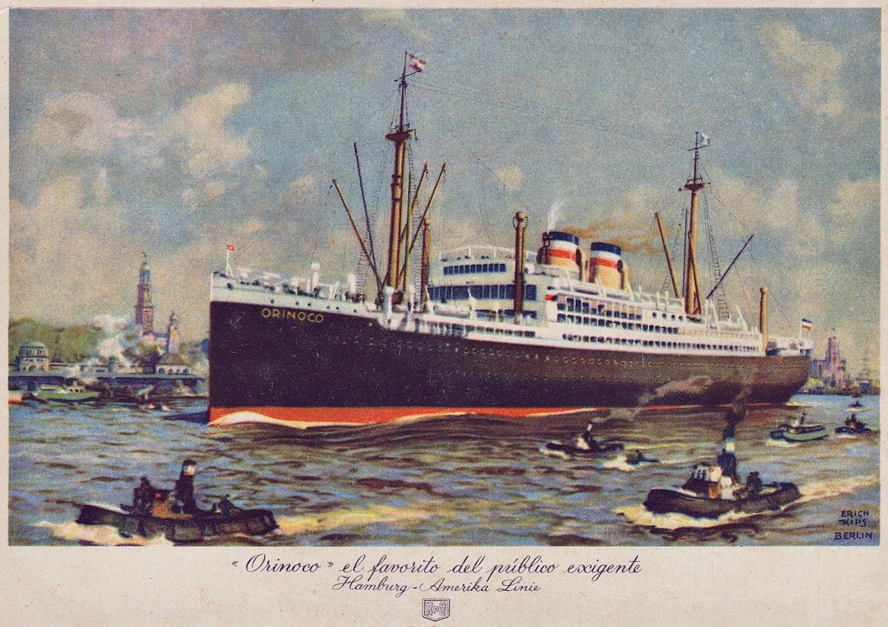 Erich Kips. Motor Passagierschiff Orinoco im Hamburger Hafen. Postkarte nach Erich Kips.1928