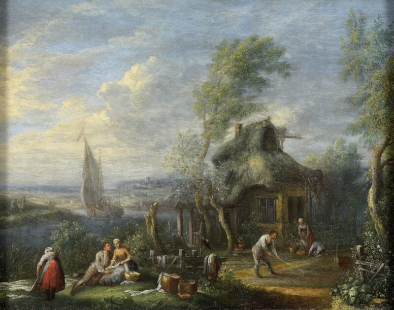 Jacques-Willem van Blarenberge. Die Wäschebleiche. vor 1742. Öl / Holz. 13,5 x 17cm.