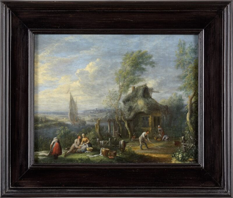 Jacques-Willem van Blarenberge. Die Wäschebleiche. vor 1742. Öl / Holz. 13,5 x 17cm.