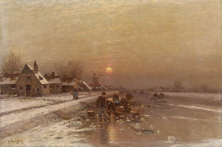 Johann Jungblut. Eisfischer bei Sonnenuntergang. vor 1912. Öl / Leinwand. 80 x 120cm
