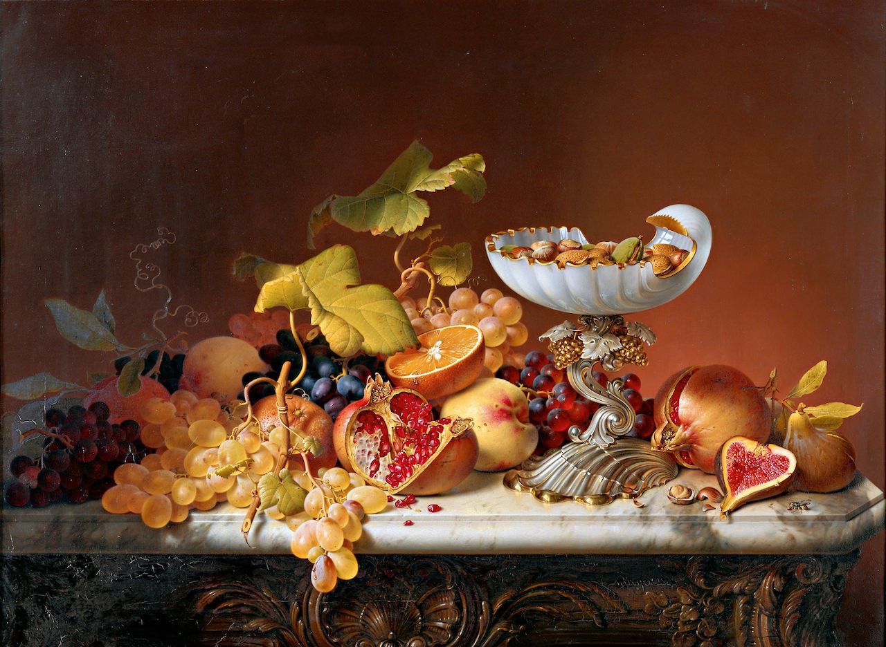 Johann Wilhelm Preyer. Früchtestillleben mit Milchglasschale in Muschelform. 1846. Öl / Leinwand. 59 x 81cm