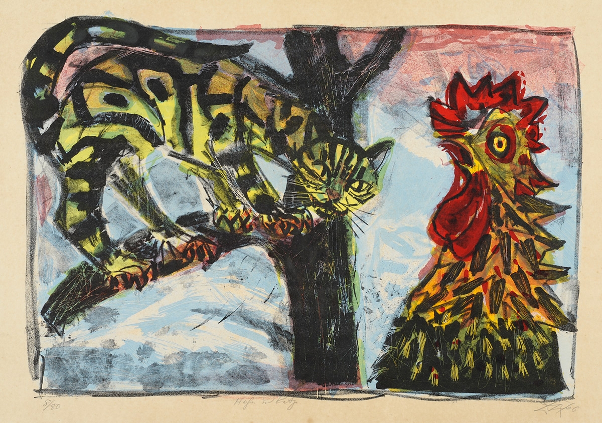 Otto Dix. Hahn und Katze. 1966. Farblithografie. 58 x 75cm