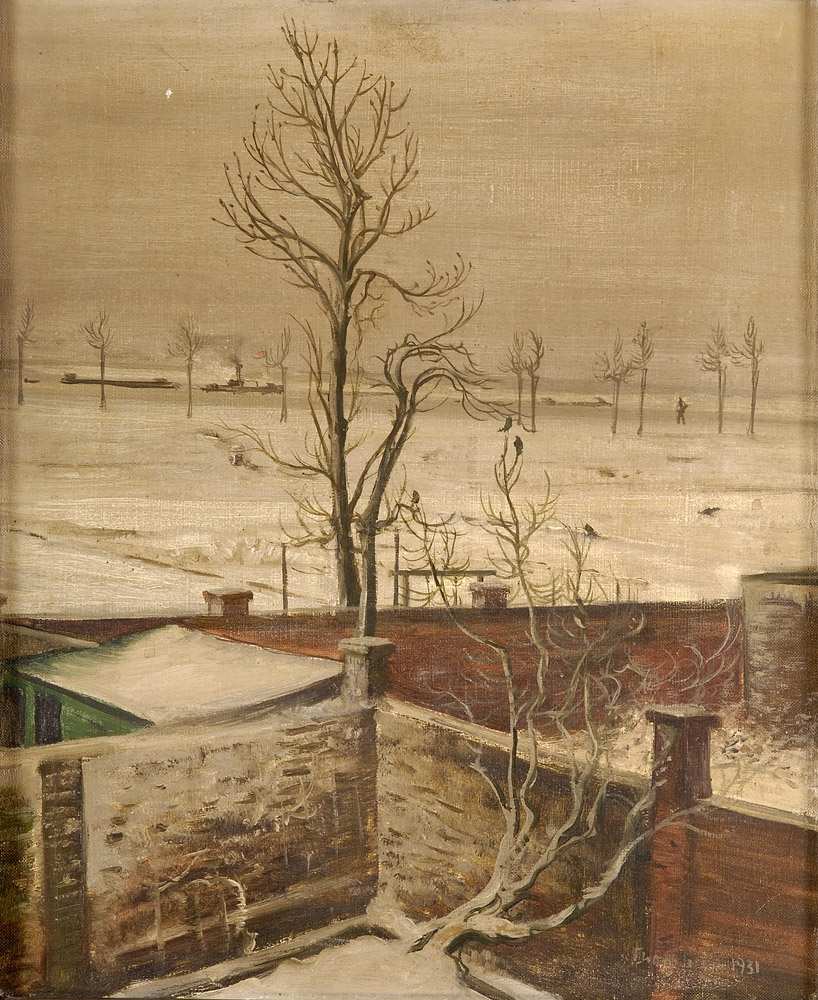 Theo Champion. Wintertag am Rhein. 1931. Öl / Leinwand. 46 x 37cm