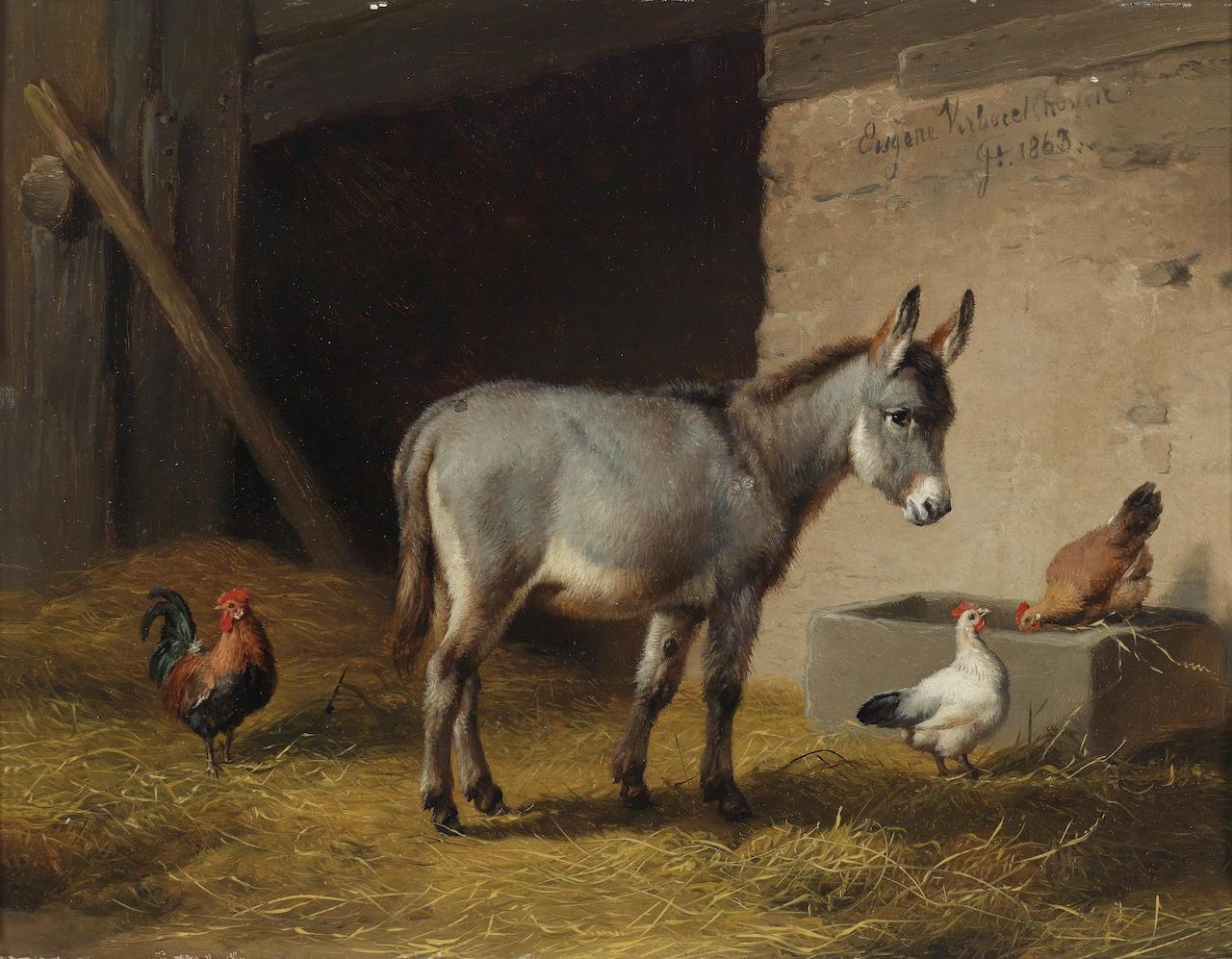 Eugène Verboeckhoven. Esel und Hühner im Stall. 1868. Öl / Holz. 15,5 x 20,5cm