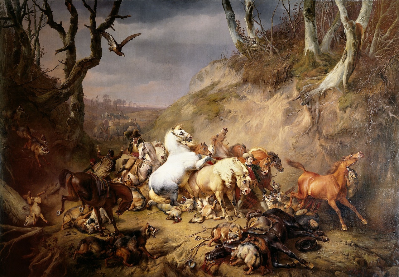 Eugène Verboeckhoven.hungrige Wölfe greifen eine Gruppe von Reitern an. 1836. Öl / Leinwand. 256 x 363cm