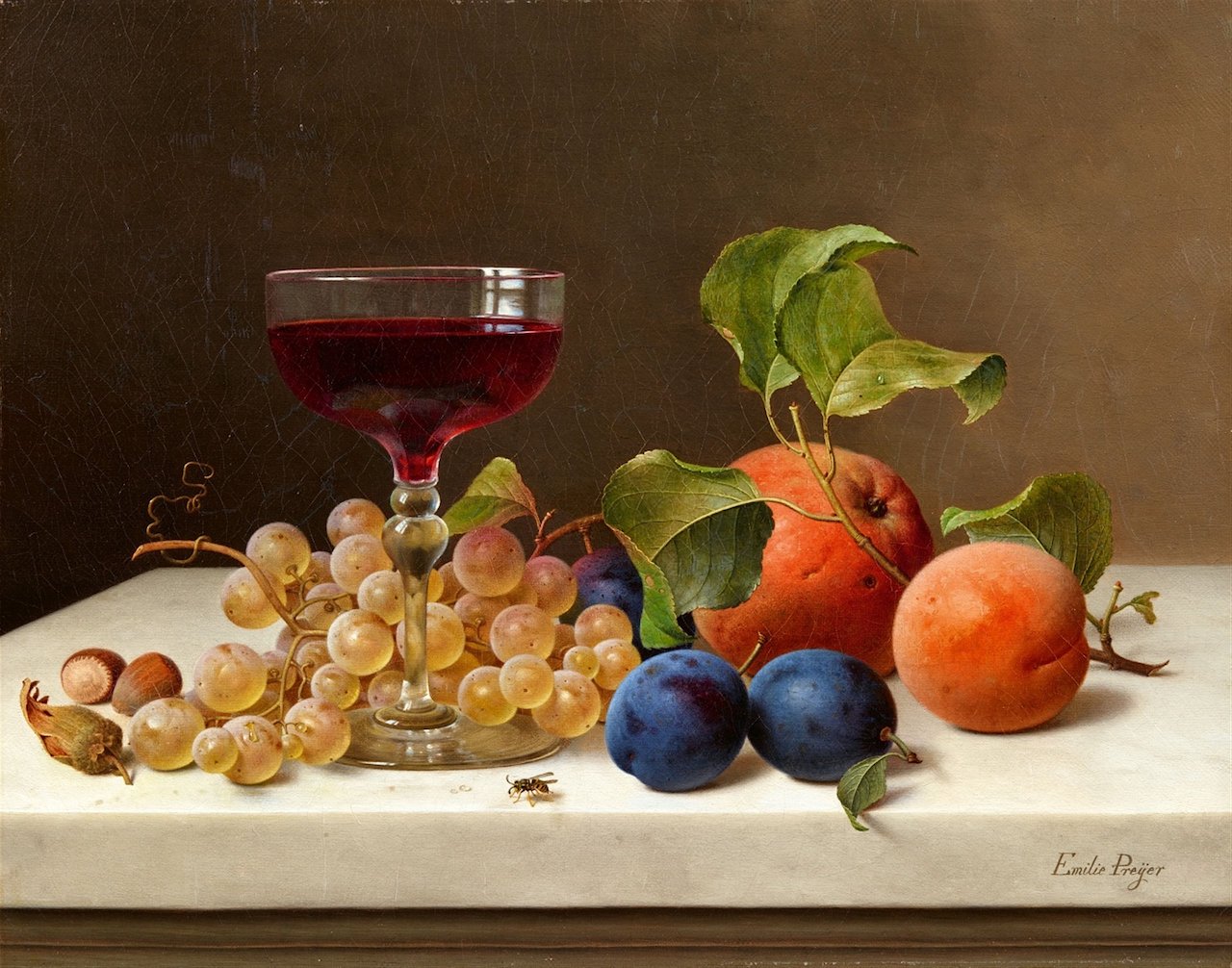 Emilie Preyer. Stillleben mit Früchten, Nüssen und Wein.vor 1930. Öl / Leinwand. 28 x 35,5cm