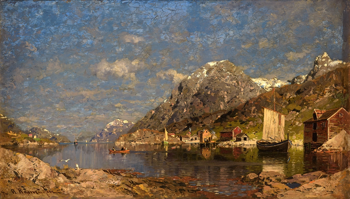Georg Anton Rasmussen. Sommerlicher Fjord mit Fischerhafen. vor 1914. Öl / Holz. 36 x 60cm