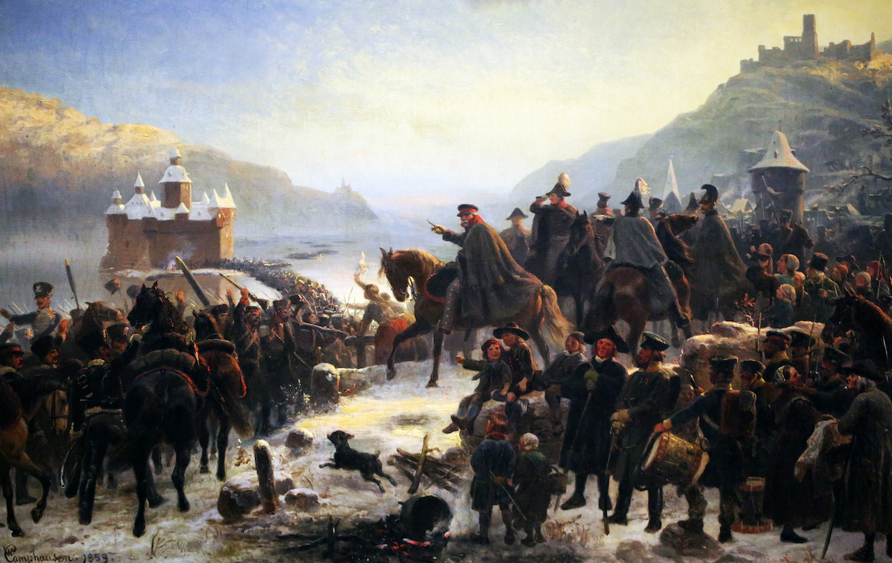 Wilhelm Camphausen. Blüchers Rheinübergang mit der 1. Schlesischen Armee bei Kaub im Januar 1814. 1859