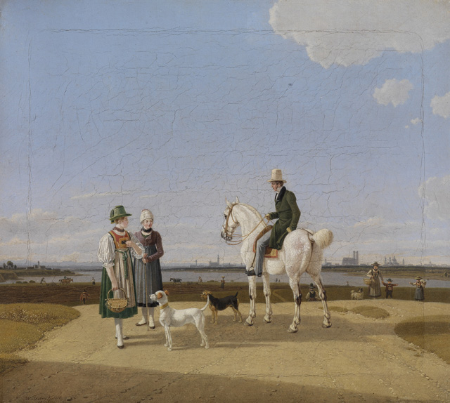 Wilhelm von Kobell. Ein Reiter und Zwei Bauernmädchen. 1829. 27,5 x 30cm