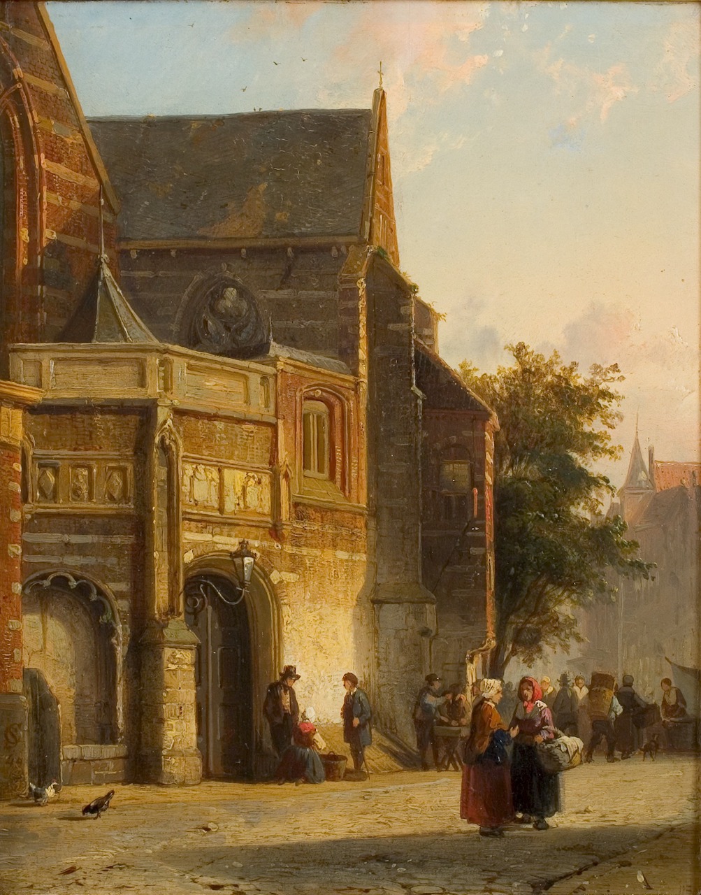 Cornelis Springer. Oude Kerk in Amsterdam. 1849. Öl / Platte. 23 x 18cm