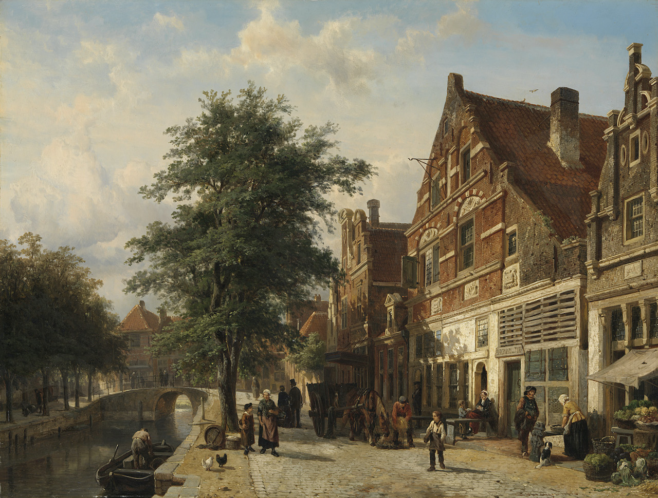 Cornelis Springer. Zuiderhavendijk in Enkhuizen. 1868. Öl / Platte. 50 x 65cm
