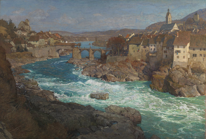 Gustav Schönleber. Blick auf Laufenburg am Rhein. 1908. 132 x 191cm