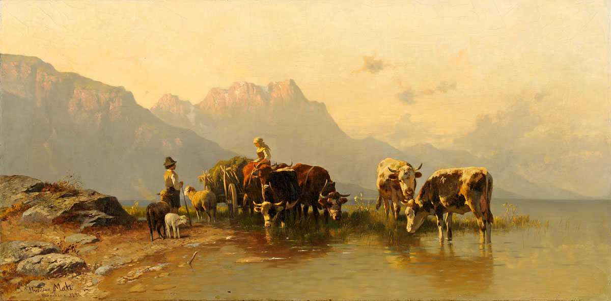 Christian Mali. An der Tränke. 1896. Öl / Leinwand. 58 x 116cm