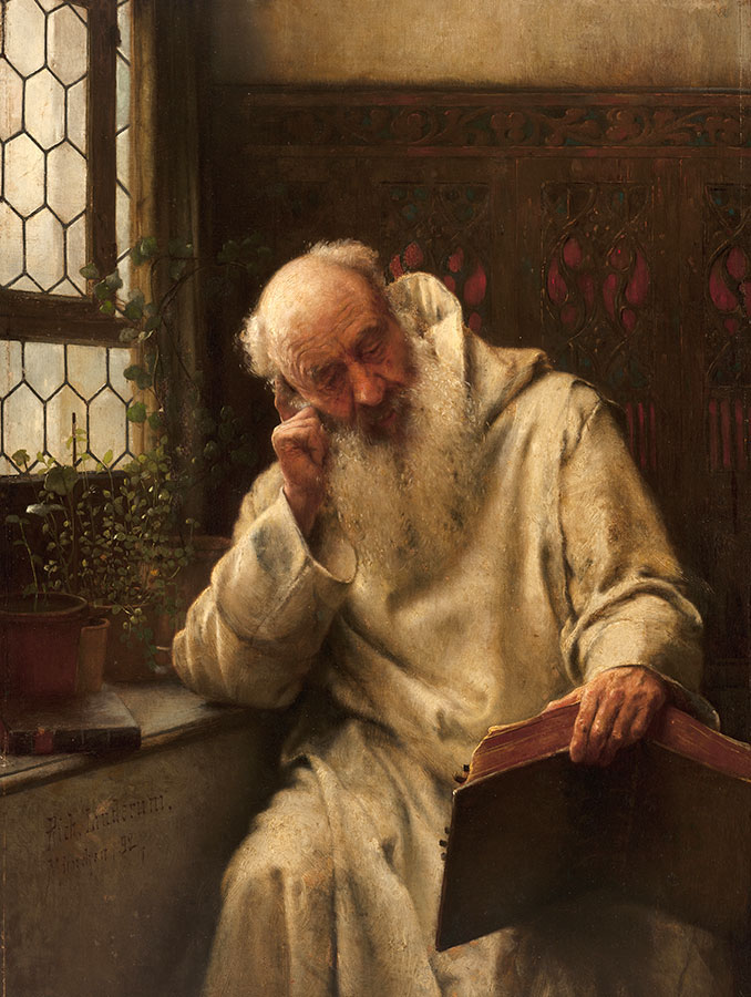 Richard Linderum. Ein lesender alter Mönch. 1892. Öl / Leinwand. 40 x 30cm