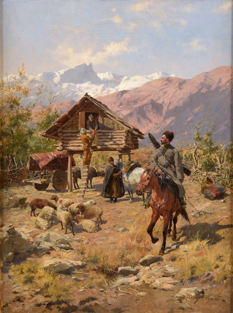 Rudolf Ritter von Ottenfeld. Szene aus Georgien. 1886. Öl / Holz. 35 x 27cm