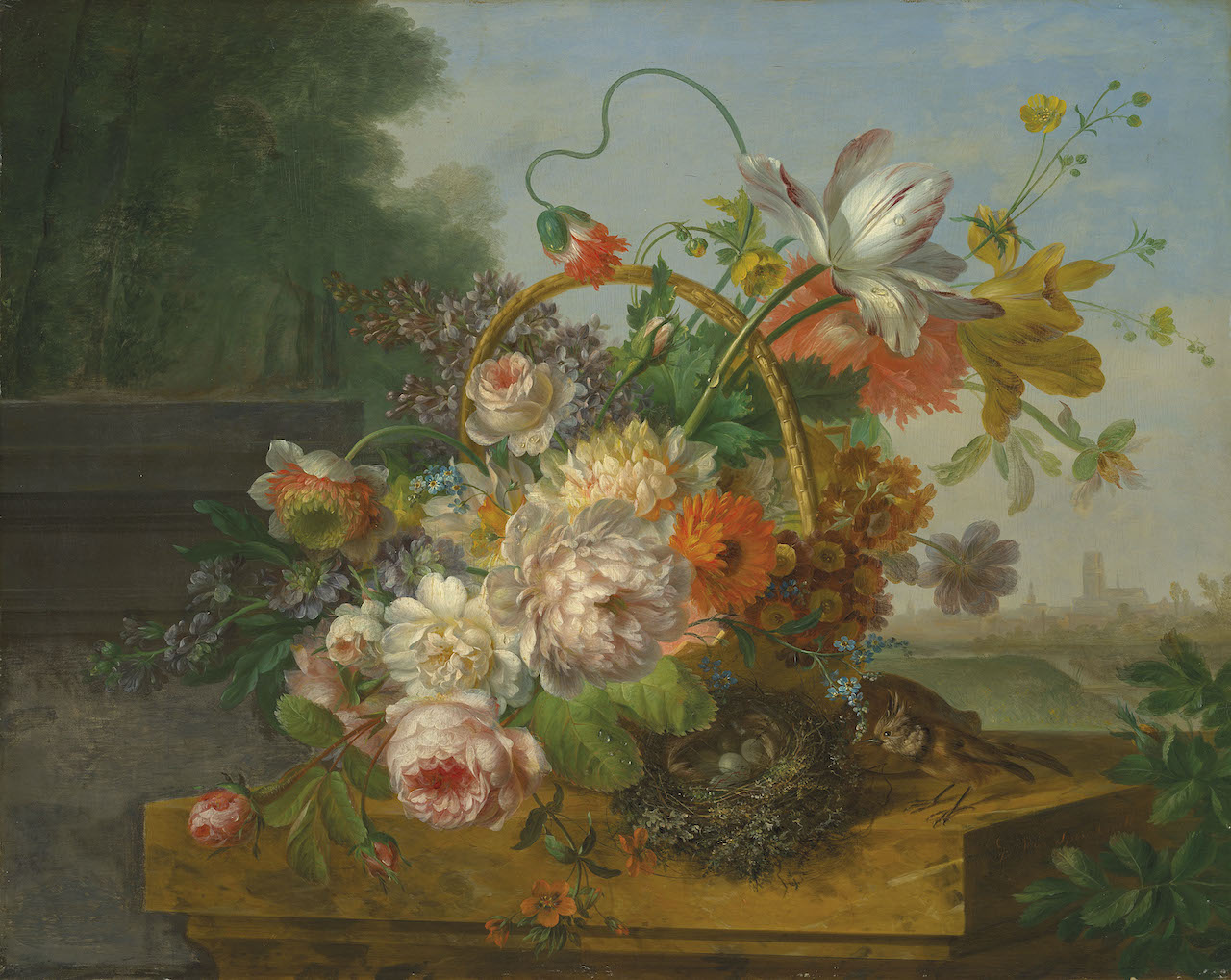 Willem van Leen. Blumenstillleben mit Vogelnest. vor 1825. Öl / Platte. 49 x 61cm